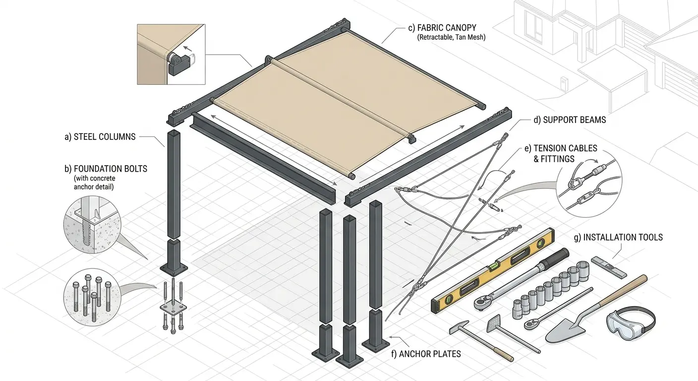 Illustration from a Car Parking Shade Installation Guide showing the main components and tools required for installing a car parking shade system.