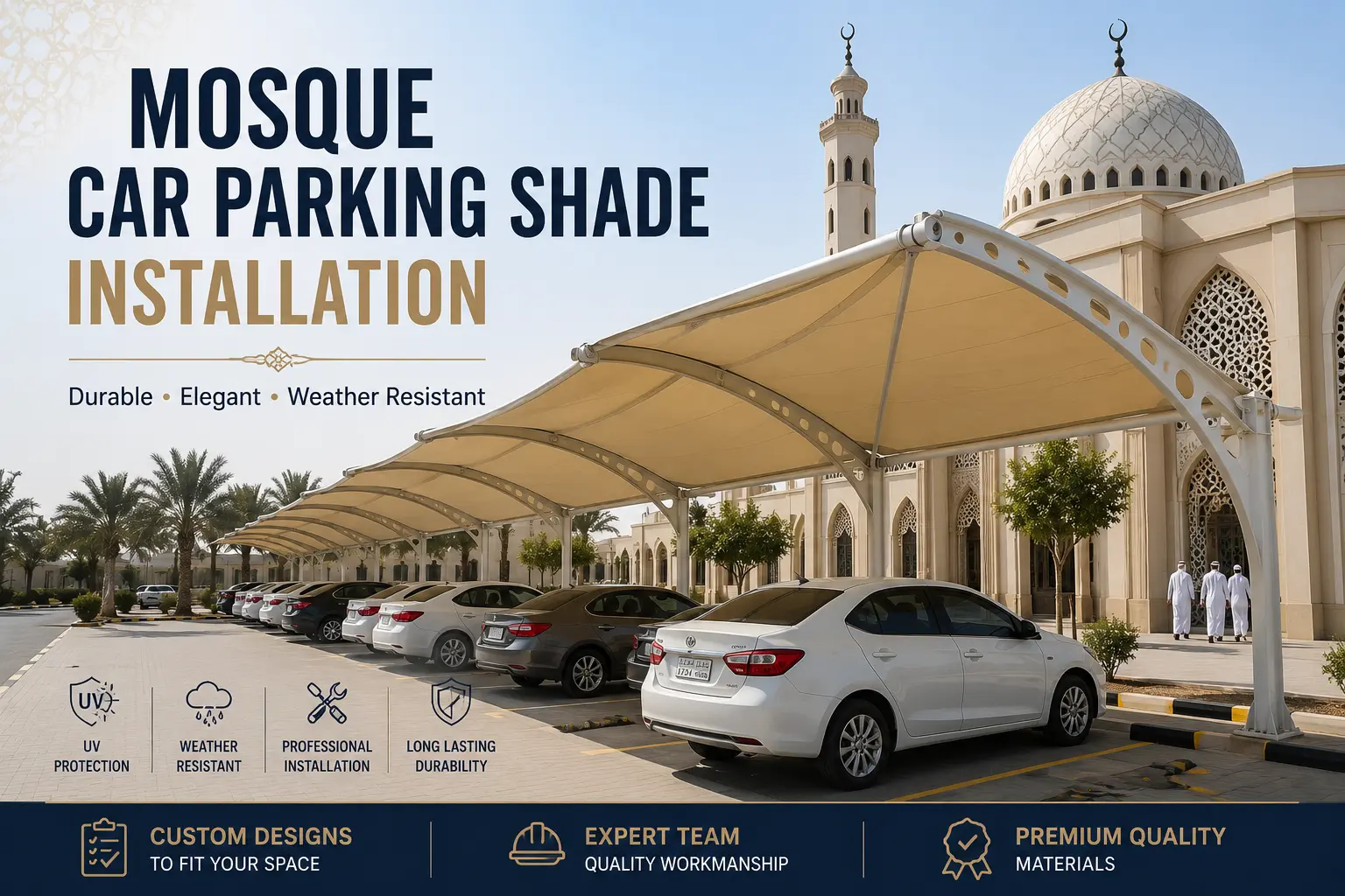 Mosque Car Parking Shade Installation featuring durable tensile fabric parking shades installed in a mosque parking area, providing UV protection, weather resistance, and shaded parking for worshippers' vehicles.