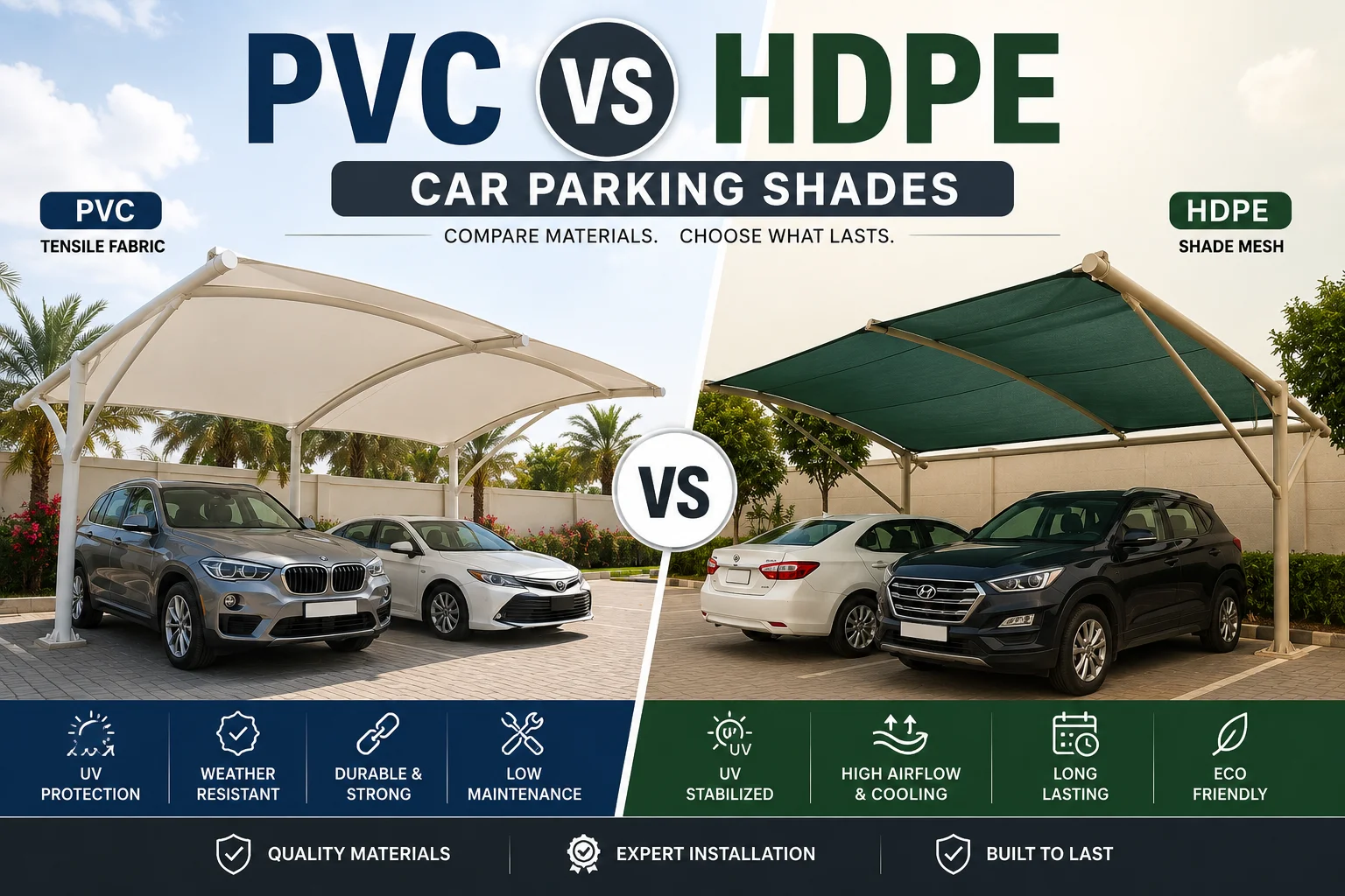 PVC vs HDPE Car Parking Shades comparison showing side-by-side PVC tensile fabric and HDPE shade mesh parking structures, highlighting differences in UV protection, durability, airflow, weather resistance, maintenance, and overall performance for residential and commercial parking areas.
