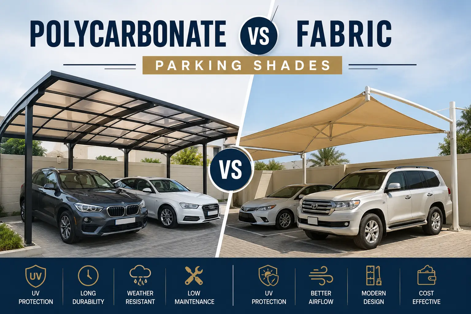 Polycarbonate vs Fabric Parking Shades comparison showing side-by-side parking shade structures, highlighting the differences in durability, UV protection, weather resistance, maintenance, airflow, and overall performance.